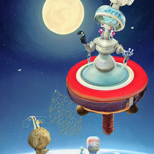 Image similar to On the morning of the robot queen's coronation, The Mekanik Doll, an elderly mushroom walking their pet snail, Mount Fuji seen from the International Space Station, the theme of Alice in Wonderland, digital painting, its softness partakes of fluidity, illustration, deep dark, artstation, intricate, beautiful and thematically complex, ue5, by deiv calviz and bossmonsterbani