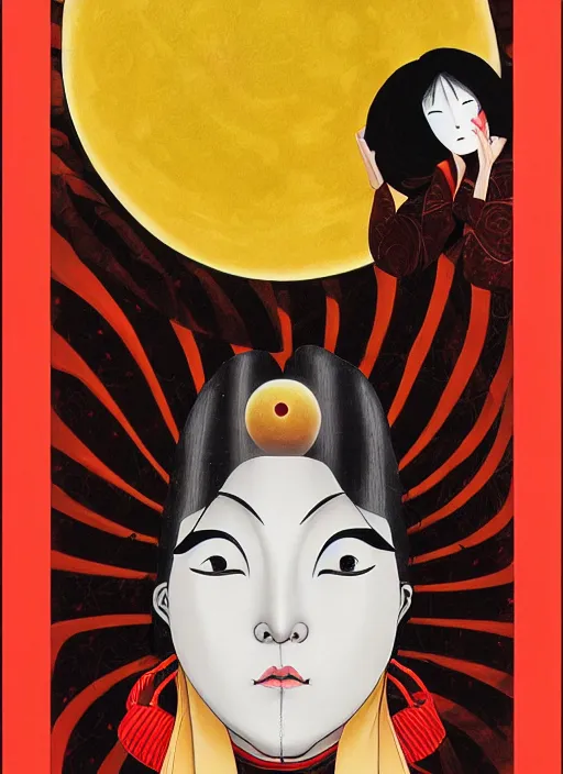 Image similar to portrait of a woman with a mask on his face in the form of a spiral in a golden kimono, full face, against the background of a bright red moon, sad motif, by hisashi eguchi, kentaro miura, and yoshitaka amano, soft colors, futuristic, 8 k