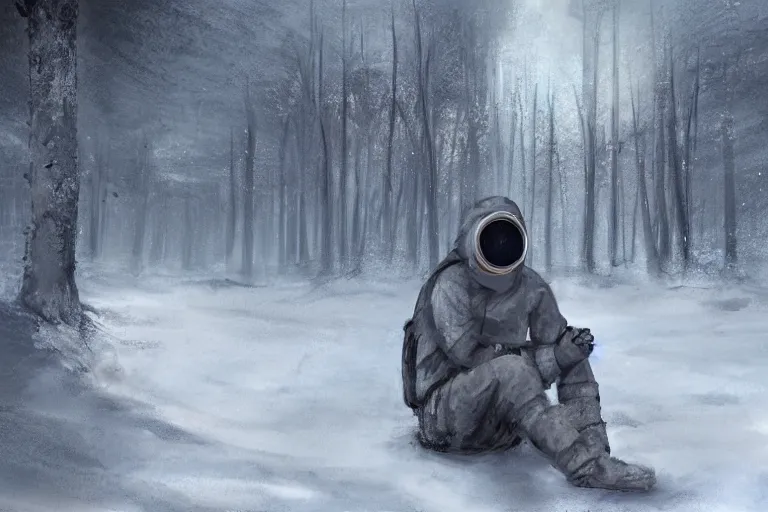 Image similar to ryan church jon mccoy concept art mood painting man wearing grey hazmat suit gp - 5 gas mask sitting against concreate wall snow covered field watching the beautiful winter sunrise burning ruins in background forest