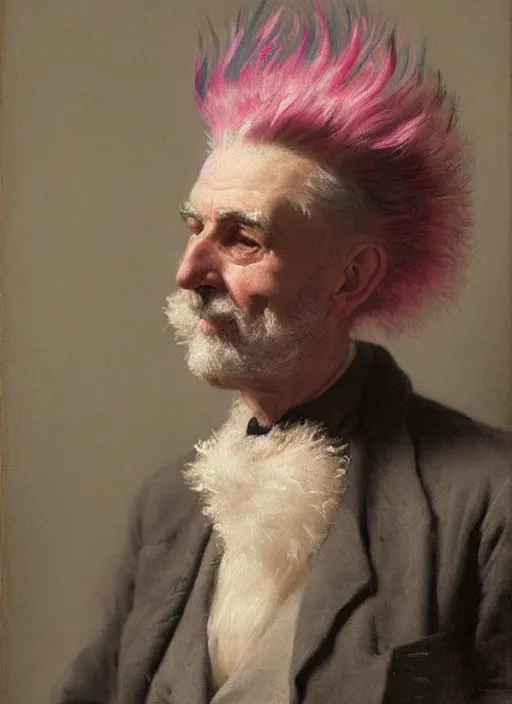 Prompt: a detailed portrait of old man with a long pink mohawk by edouard bisson, punk rock, oil painting, muted colours, soft lighting