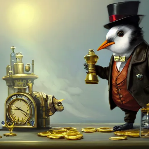 Image similar to oil painting of grumpy rich steampunk penguin, wearing top hat, holding gold watch, steampunk factory background, hamster running in the background, sharp focus, fantasy style, octane render, volumetric lighting, 8k high definition, by greg rutkowski, highly detailed, trending on art Station, magic the gathering artwork, centered