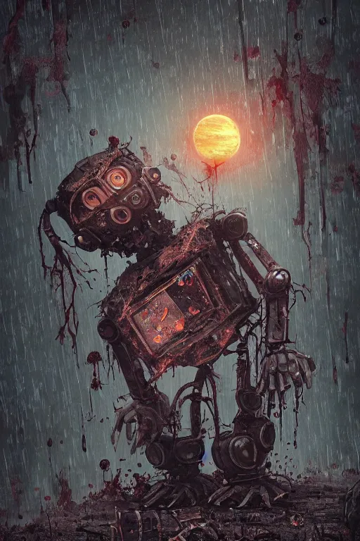 Image similar to broken robot in dirty torn tatters conjures zombie summoning magic, night, rain, moonlight, graveyard, highly detailed, digital painting, artstation, sharp focus, illustration,