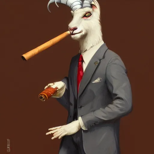 Image similar to award winning character art commission of an anthro furry humanoid goat smoking a cigar, three piece suit, character concept design, painting, detailed, vivid, trending on artstation, art by greg rutkowski