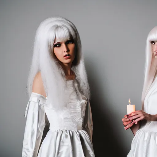 Image similar to photograph of two women with baroque white dresses and white baroque wigs in a hall, candle light fashion photography