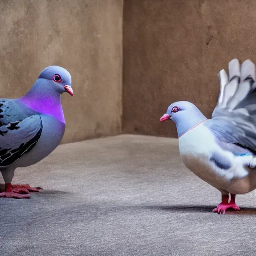 Image similar to a pigeon vs a kid kung fu style in a dojo for a piece of bread, facing each other, stand off, muscled pigeon like the rock, best photo award, high quality 8 k, cinematic lighting, cinematic composition, high detail, realism : 9 5 %