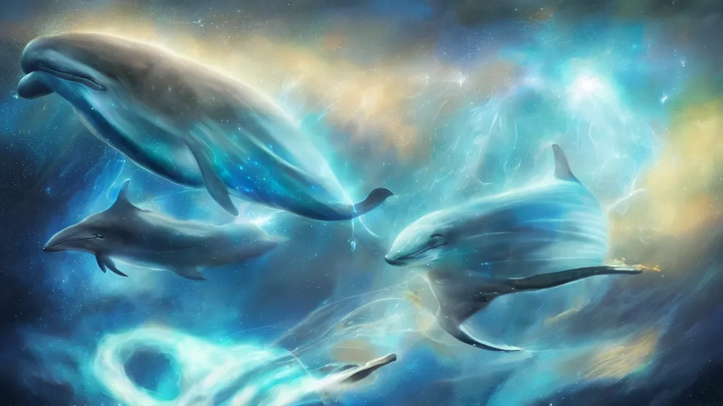 Image similar to Ethereal blue fire whale and dolphins flying through a nebula, star dust, cosmic, magical, shiny, glow,cosmos, galaxies, stars, outer space, stunning, by andreas rocha and john howe, and Martin Johnson Heade, featured on artstation, featured on behance, golden ratio, ultrawide angle, hyper detailed, photorealistic, epic composition, wide angle, f32, well composed, UE5, 8k