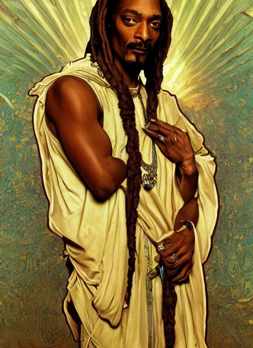 Image similar to Snoop Dog as God of Weed, brutal, epic, intricate, elegant, highly detailed, digital painting, 4k, HDR, concept art, smooth, sharp focus, illustration, art by alphonse mucha,artgerm, H R Giger