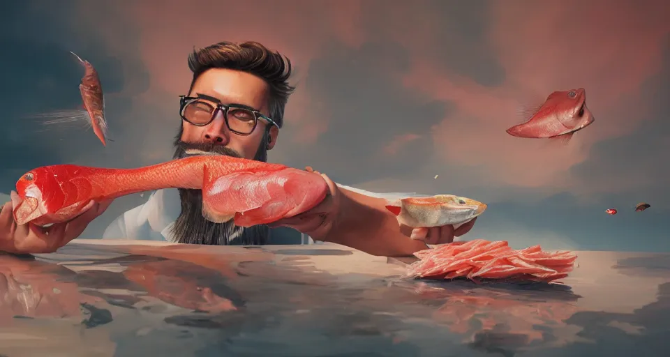 Prompt: a beautiful painting of a man eating raw fish gigantic, octane render, brilliantly coloured, intricate, ultra wide angle, trending on artstation, dusk, volumetric lighting, polished, micro details, ray tracing, 8k