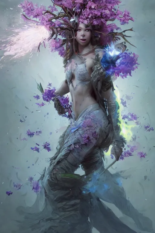 Prompt: beautiful girl druid, witch - doctor exploding into flowers, angels, 3 d render, hyper - realistic detailed portrait, holding fire and electricity, ruan jia, wlop. scifi, fantasy, magic the gathering, hyper detailed, octane render, concept art, peter mohrbacher