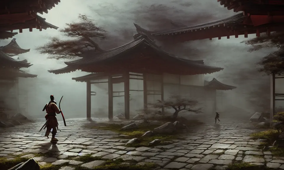 Image similar to Futuristic matte painting of a samurai warrior walking through an abandoned japanese village, volumetric light scattering, highly detailed, digital art, Andreas Rocha, Greg Rutkowski, Darek Zabrocki, ArtStation, CGSociety, Unreal Engine, 4K, 8K