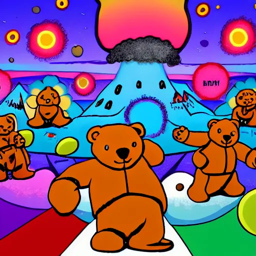 Prompt: a lot of teddy bears fights in epic battle, background a nuclear toxic multi - colored explosion in big town, psychedelic