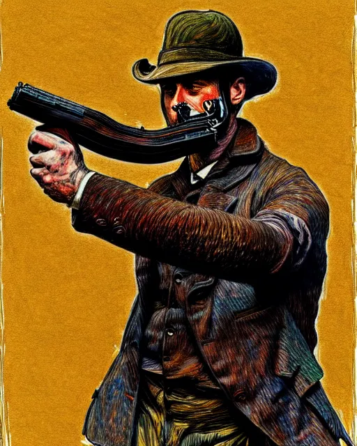 Image similar to an extremely detailed masterpiece color portrait of a 1 8 9 0's gunslinger while drawing his gun, in the style of frank auerbach, digital art