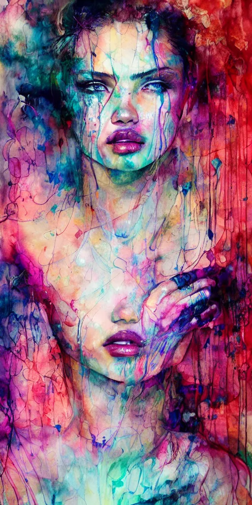 Image similar to adriana lima by agnes cecile enki bilal moebius, intricated details, sitting on a stool, full body portrait, extremely luminous bright design, pastel colours, drips, autumn lights