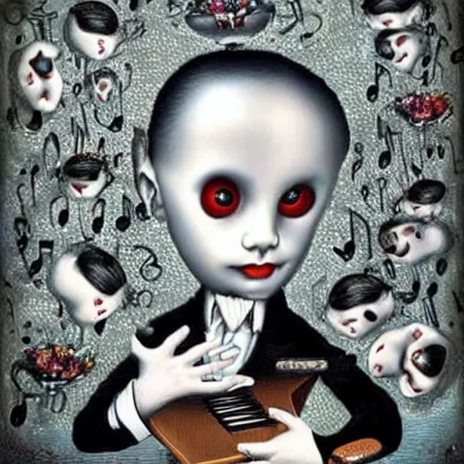 Prompt: 😄🎼🎹🎵, lowbrow surrealistic, in the style of Mark Ryden,
