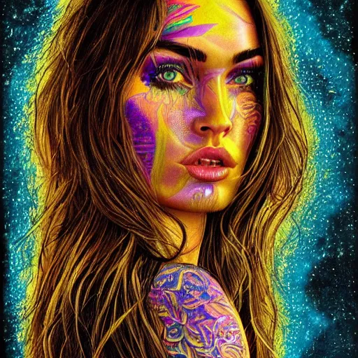 Image similar to an extremely psychedelic portrait of megan fox, surreal, lsd, face, detailed, intricate, elegant, lithe, highly detailed, digital oth, sharp focus, illustration,