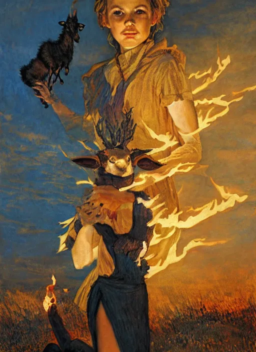 Prompt: symmetry! half length portrait of a bautiful firy witch girl burning with a goat in her hands, glowing fire, clouds, sunset, studio light, by mikhail vrubel, by peter elson, muted colors, extreme detail, trending on artstation, 3 5 mm, 8 k