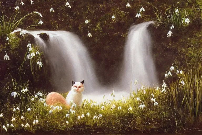 Image similar to a black and white cat sleeping next to a waterfall, surrounded by common snowdrops, golden hour, painting Mark Keathley