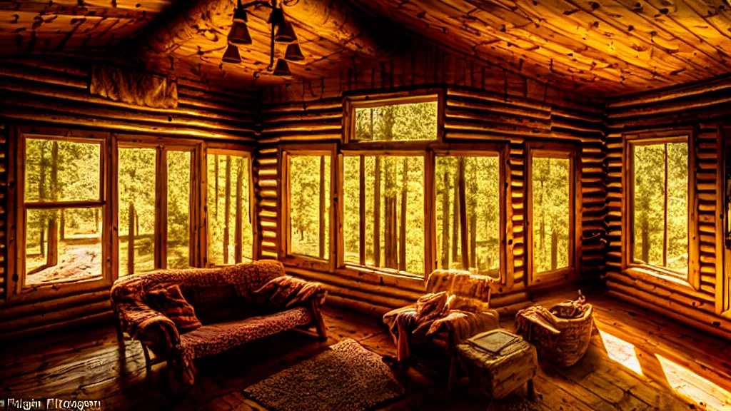 Image similar to inside an old log cabin, the summer midday light comes in through a window and dimly illuminates the room, softened diffuse light, photorealism, photo taken with canon EOS 5D and 35 mm lens