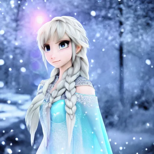 Image similar to portrait focus of knight beautiful 3D anime girl, Frozen ice armor wearing, dark forest background, snowing, bokeh, inspired by Masami Kurumada, digital painting, high contrast, unreal engine render, volumetric lighting, high détail