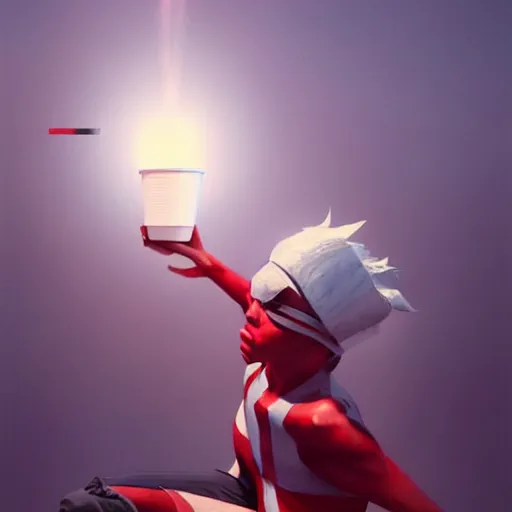 Prompt: white paper cup with red strip as a character!!!, hyperrealistic, highly detailed, cinematic, volumetric sunlight, beautiful, cgssociety, artstation, 8 k, oil painting by greg rutkowski, by artgerm, by wlop