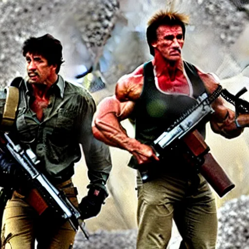 Prompt: stallone rambo and schwarzenegger commando loaded with weapons, derelict tech in the background