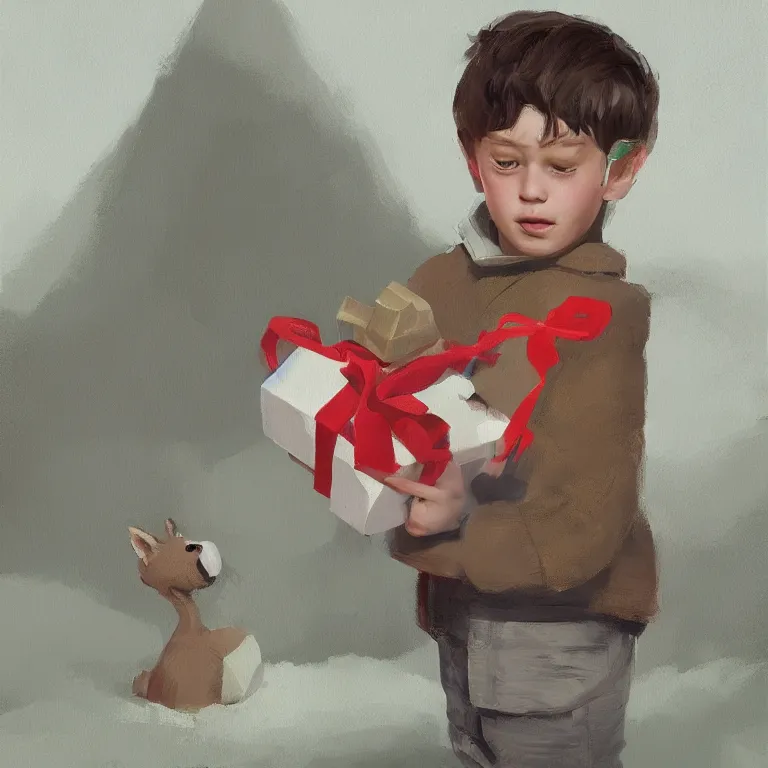 Image similar to a cute boy with a giftbox with bow and ribbon in a painting from stalenhag, 4 k, 8 k, hdr, artstation, concept art