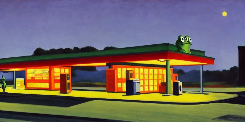 Image similar to painting by edward hopper, gas station at dusk, 1 9 4 0, kermit the frog is robbing the gas station
