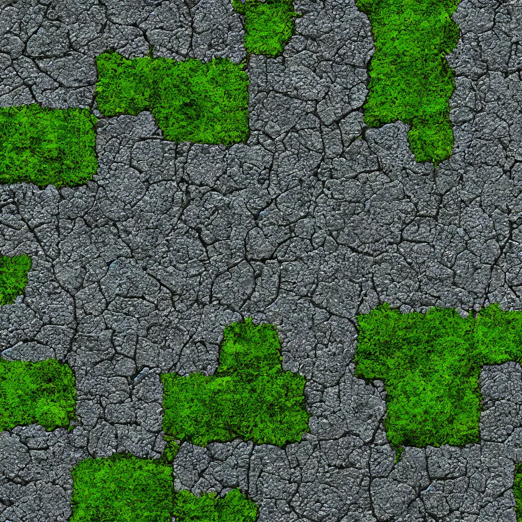 Image similar to videogame tileable texture of aged concrete with small green moss growing in the cracks.