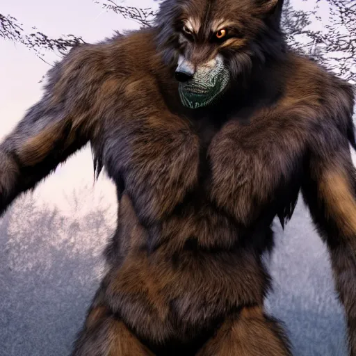 Image similar to man transforming into a werewolf, full body, hyper realistic, 8 k, unreal engine, realistic brown fur