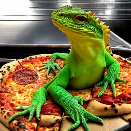 Image similar to lizard man, eating pizza, thunderstorm, texas, crying