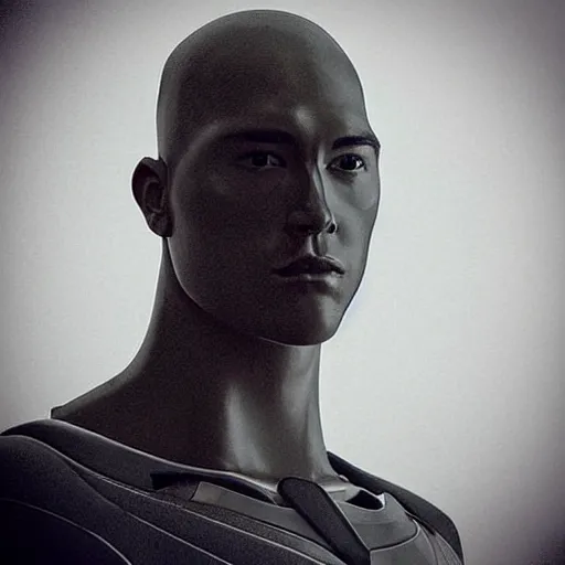 Image similar to “a realistic detailed photo of a guy who is an attractive humanoid who is half robot and half humanoid, who is a male android, baseball player Aaron Judge, shiny skin, posing like a statue, blank stare”