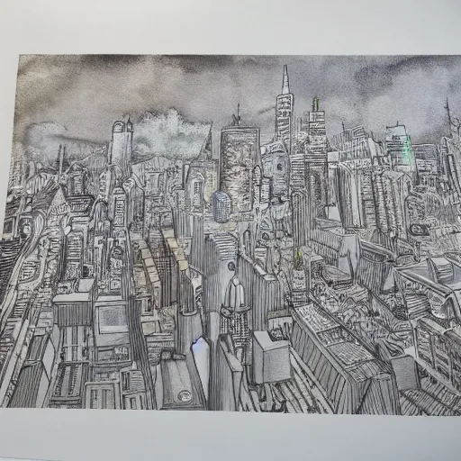 Prompt: watercolour painting of highly detailed fantasy city, two point perspective engineering drawing, ink outlines, muted colours, watercolour on canvas