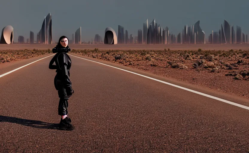 Image similar to photograph of a techwear woman alone, on a desert road with a futuristic city in the horizon, one point perspective, long exposure, 1-point perspective, tilt shift, sigma 85mm f/1.4, 4k, depth of field, high resolution, 4k, 8k, hd, full color