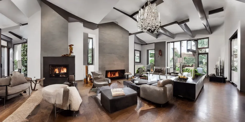 Image similar to a modern living room with dark wood floors and muted colored walls, adjacent hallways, and a wall sized 6 0's hollywood fireplace, low hanging art deco chandeliers.