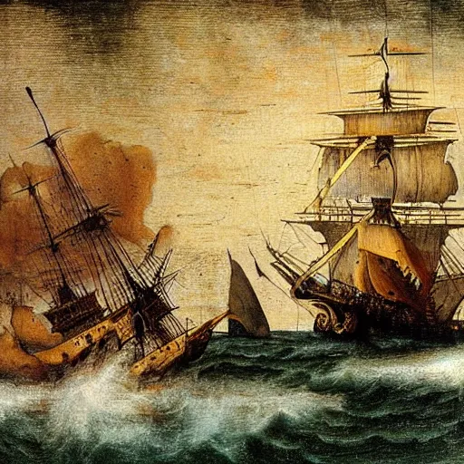 Prompt: pirate ship sinking while getting shot at from another pirate ship from its cannons from a distance, high detailed oil painting by leonardo da Vinci