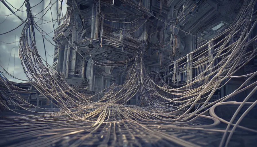 Prompt: Intricate Structure with cables wrapped around with insane Details, High Detail Rendering, Octane, Redshift, Unreal Engine 5, Cinematic Lighting, Cinematic, Depth of Field, Anamorhpic Lens, Hyperrealism, Hyperdetailed, Smooth Gradients, Color Palette