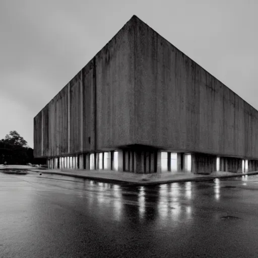 Prompt: photo of a brutalist building in the rain at night