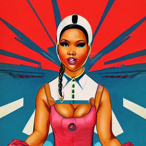 Image similar to portrait of nicki minaj riding a bicycle in summer, soviet propaganda poster, colored, artgerm, highly detailed