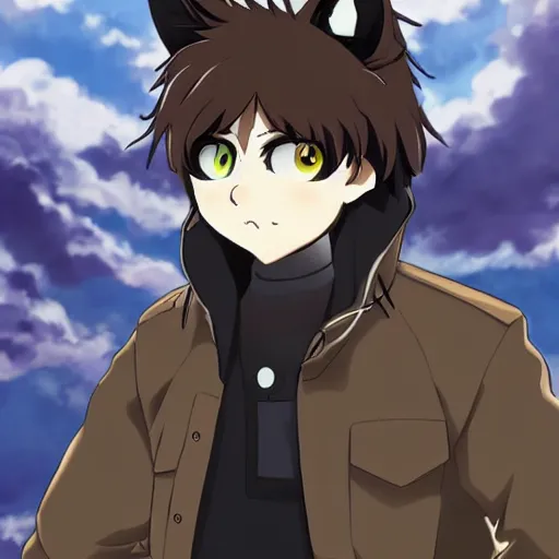 Image similar to key anime visual portrait of an anthropomorphic anthro wolf fursona, in a jacket, with handsome eyes, official modern anime art