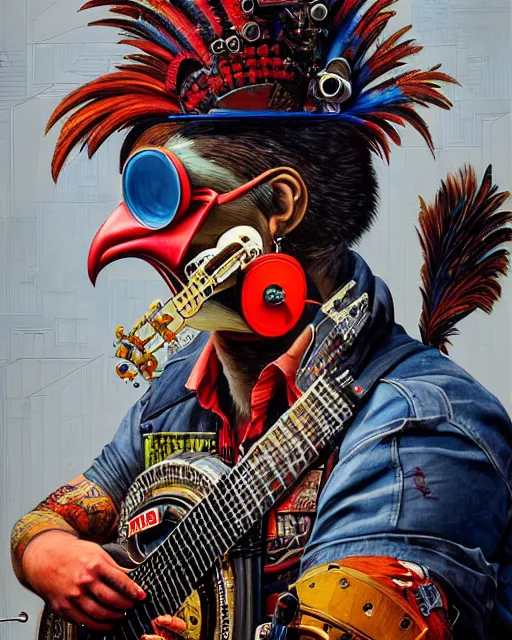 Image similar to a portrait of an anthropomorphic cyberpunk rooster playing a banjo by sandra chevrier, by jon foster, detailed render, tape deck, epic composition, cybernetics, 4 k realistic, cryengine, realistic shaded lighting, sharp focus, masterpiece, by enki bilal