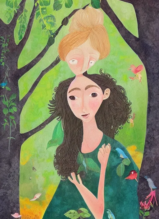 Image similar to a wonderful childrens illustration book portrait painting of a woman, art by tracie grimwood, trees, many leaves, birds, whimsical, aesthetically pleasing and harmonious natural colors