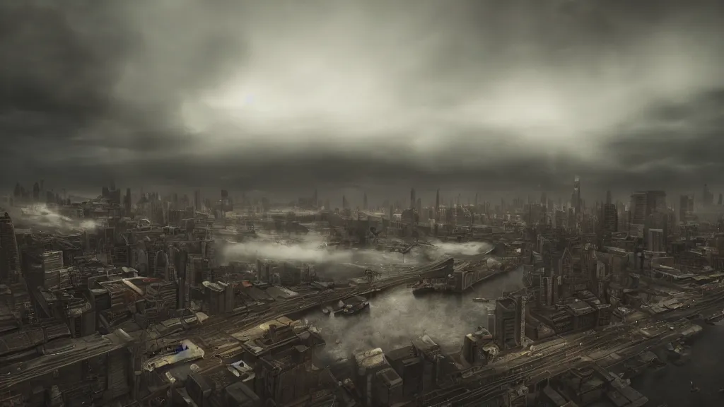 Prompt: a photorealistic dramatic hyperrealisticcity floating in the clouds, ultra realistic details, glossy surface, well worn, rust, oil stains designed by vitaly bulgarov and mike nash, beautiful dramatic dark moody tones and lighting, cinematic atmosphere, global illumination, shadows, dark background, octane render, 8 k