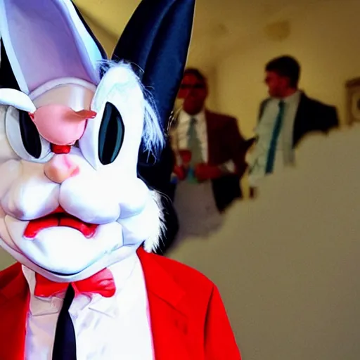 Image similar to Donald trump dressed as bugs bunny spying on children at a birthday party