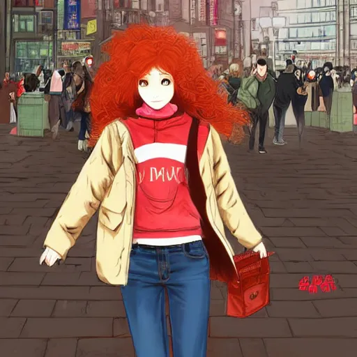 Image similar to A cute cartoon ginger girl with puffy red hair, wearing a brown jacket over a black hoodie in a busy asian city, digital art, Akihiko Yoshida