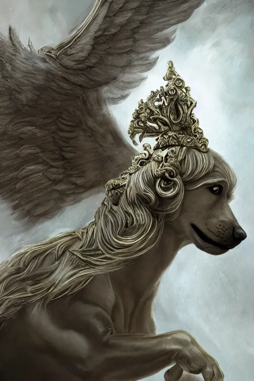 Prompt: a dog as god with a radiant halo, wings, detailed face, gorgeous, flowing hair, very muscular male body, partial anatomy, stormy and grand war scene, delicate and intricate borders for decoration, caesar victorious, proud Emperor, crepuscular ray, intricate, highly detailed, 8K, digital painting, fantasy, concept art, sharp focus, over-shoulder shot, illustration, art by greg rutkowski beeple and alphonse mucha