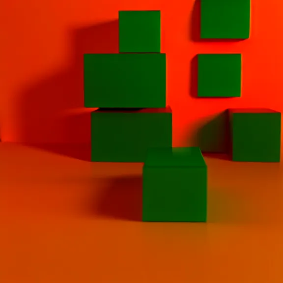 Image similar to a 3 d render of a stack of green cubes on the left and an orange ball on the right in a red room, blender, ue 5, octane render, trending on artstation