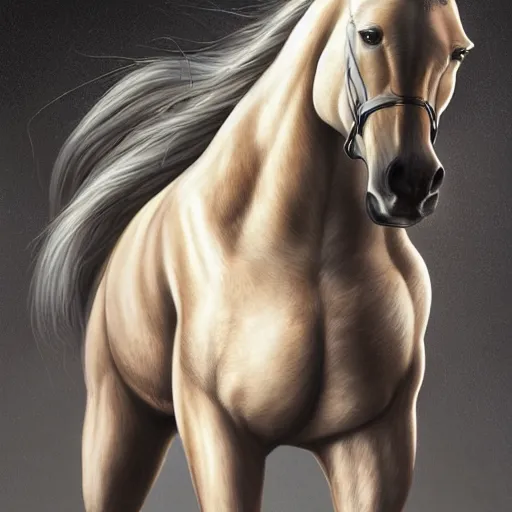 Image similar to an anthropomorphized horse with a enormously muscular body in a research facility wearing a skintight body armor, long white mane, equine, anthro art, furaffinity, highly detailed, digital painting, artstation, concept art, illustration, art by artgerm, greg rutkowski, ruan jia