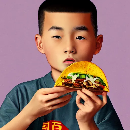 Image similar to dramatic portrait of chinese boy buzz cut, holding a taco, digital painting