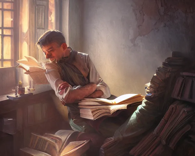 Prompt: photography of bill brauer reading books in old tawern, deep focus, d & d, fantasy, intricate, elegant, highly detailed, digital painting, artstation, concept art, matte, sharp focus, illustration, hearthstone, art by artgerm and greg rutkowski and alphonse mucha, wlop, ruan jia, peter mohrbacher