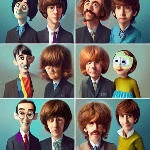 Image similar to a portrait of the beatlesn as pixar characters, beautiful, elegant, extremely detailed digital art, trending on artstation hyper realistic matte painting, by wlop, artgerm